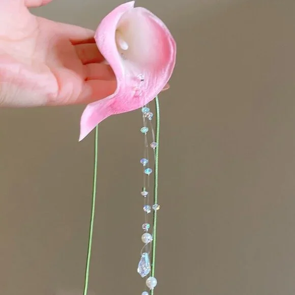 Flower Necklace Women Calla Lily Pearl Tassel Adjustable Ribbon Jewelry - Picture 6 of 6